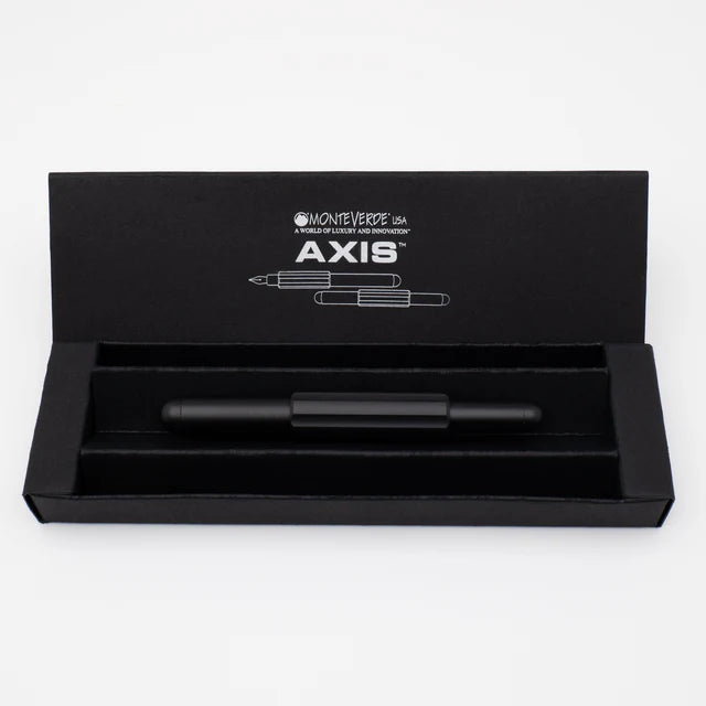 Monteverde Axis fountain pen with black barrel and sleek design, shown with its packaging and box.