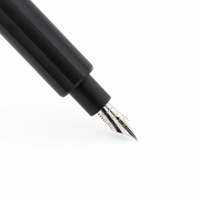 Monteverde Axis fountain pen with black body and silver accents, featuring a metal nib and sleek design.