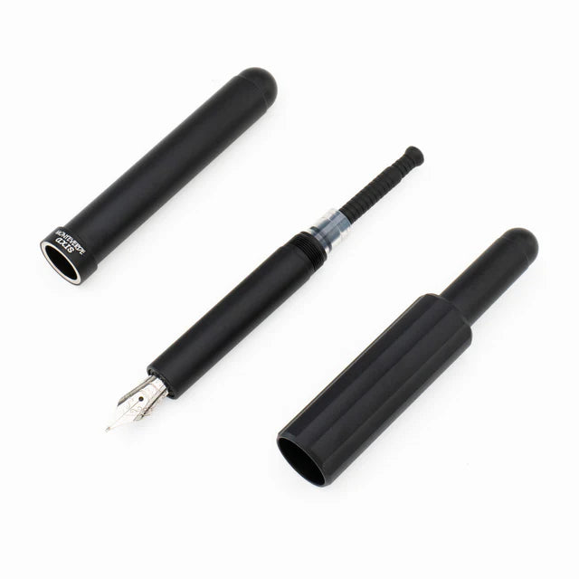 Monteverde Axis fountain pen with black body and silver accents, featuring a sleek design and refillable ink cartridge.