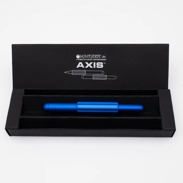Monteverde Axis fountain pen with black ink, displayed in its packaging, showcasing the elegant design and sleek black finish.