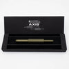 Monteverde Axis fountain pen with sleek design, shown in its packaging, featuring a smooth black barrel and silver accents.