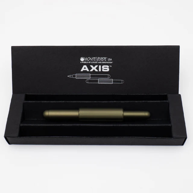 Monteverde Axis fountain pen with sleek design, shown in its packaging, featuring a smooth black barrel and silver accents.