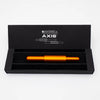 Monteverde Axis fountain pen with a sleek black and gold design, displayed in its presentation box.