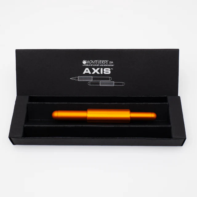 Monteverde Axis fountain pen with a sleek black and gold design, displayed in its presentation box.