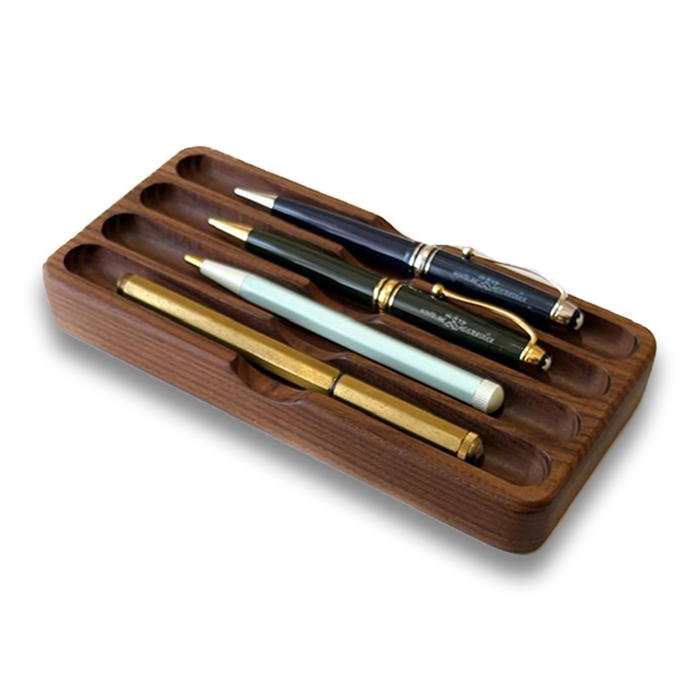Eng Leather Co. wooden mahogany pen box with compartments for organizing pens and stationery.