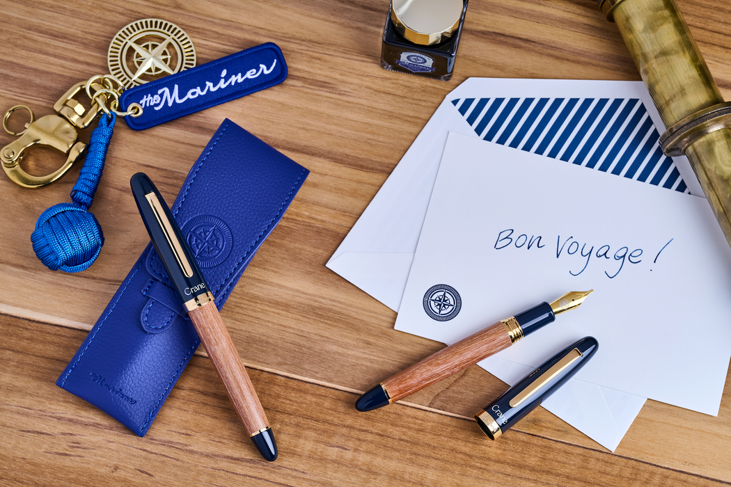 Esterbrook X Crane Mariner fountain pen with blue and gold accents, featuring a sleek design and detailed craftsmanship.