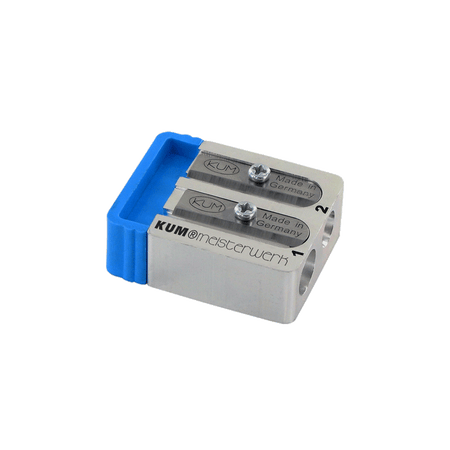 KUM Masterpiece 2 Stages Long Point Pencil Sharpener in silver with dual sharpening holes and precision blade for detailed points.