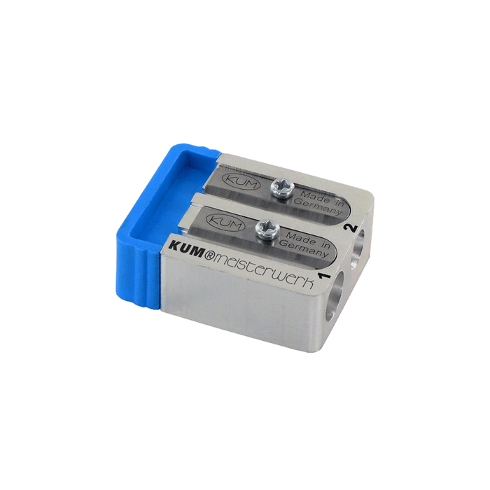 KUM Masterpiece 2 Stages Long Point Pencil Sharpener in silver with dual sharpening holes and precision blade for detailed points.