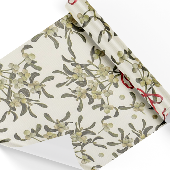 Rossi mistletoe-themed wrapping paper with festive green and white holly designs, perfect for holiday gift wrapping.