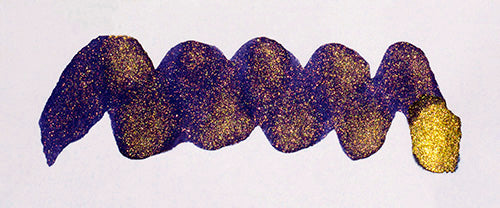 Bottle of Diamine Shimmertastic Mystique fountain pen ink with shimmering blue and purple hues in a clear glass bottle.