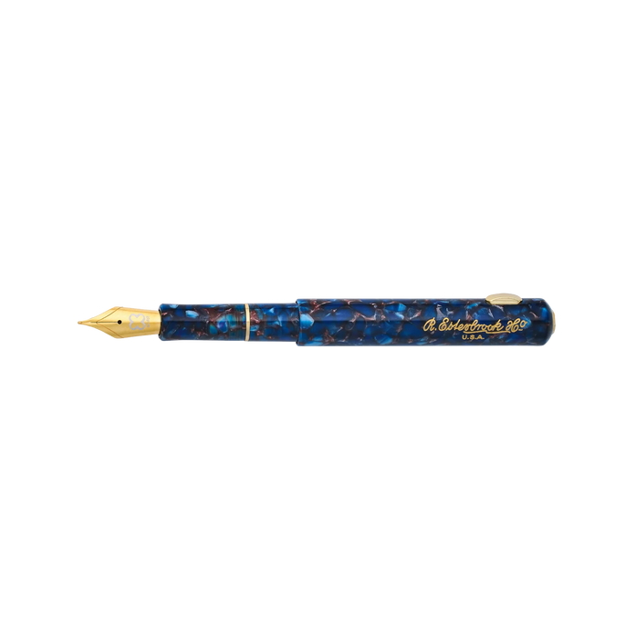 Open Esterbrook Niblet fountain pen with blue body and gold accents, showcasing smooth grip and elegant design.