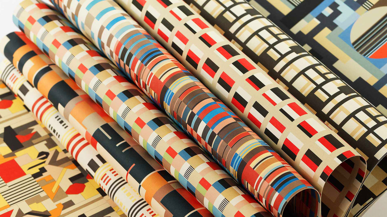 Pepin Press creative paper in Bauhaus style featuring geometric patterns and vibrant colors on textured paper background.