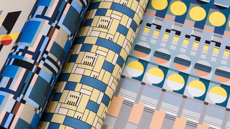 Pepin Press creative paper in Bauhaus style, featuring geometric shapes and vibrant colors, suitable for artistic projects.