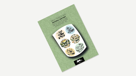 Pepin Press Natural History Sticker and Tape Book open to pages featuring vintage-style botanical and animal illustrations.