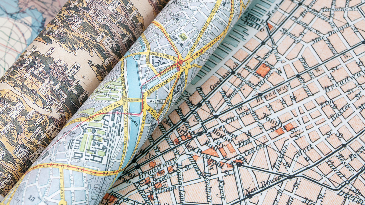 Pepin Press creative paper featuring colorful map designs, ideal for arts and crafts or creative projects.