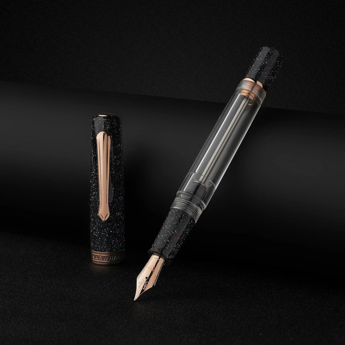 Nahvalur Original PLUS Lovina graphite and Matira quartz fountain pen with sleek design and premium metal accents.