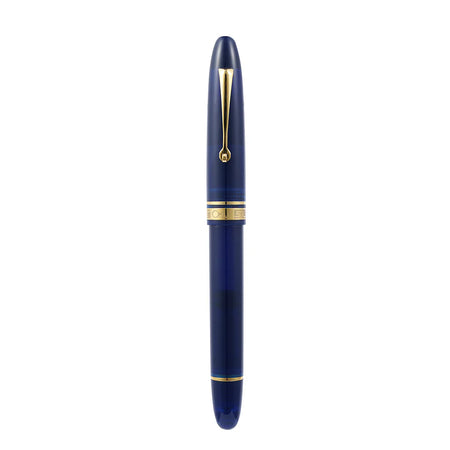 Omas Ogiva Blu fountain pen with sleek blue barrel and gold accents, close-up of the pen's tip and clip design.