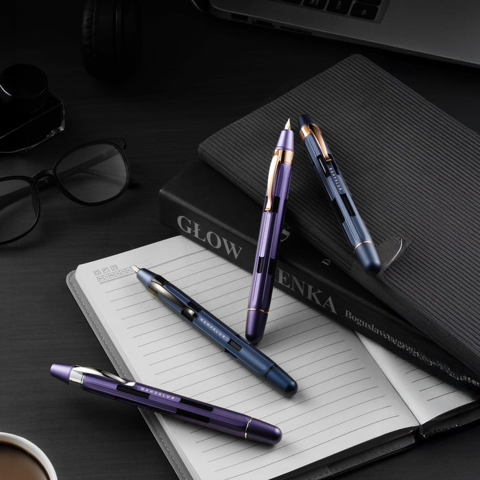 Nahvalur Eclipse fountain pen with cobalt and hepatizon finish, featuring a sleek design and textured grip area.