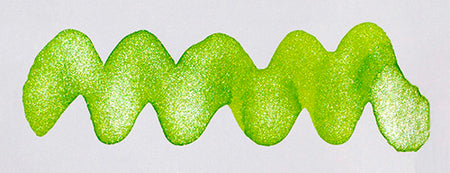 Diamine Shimmertastic neon lime fountain pen ink with shimmering effect, vibrant green color, shown in the bottle.