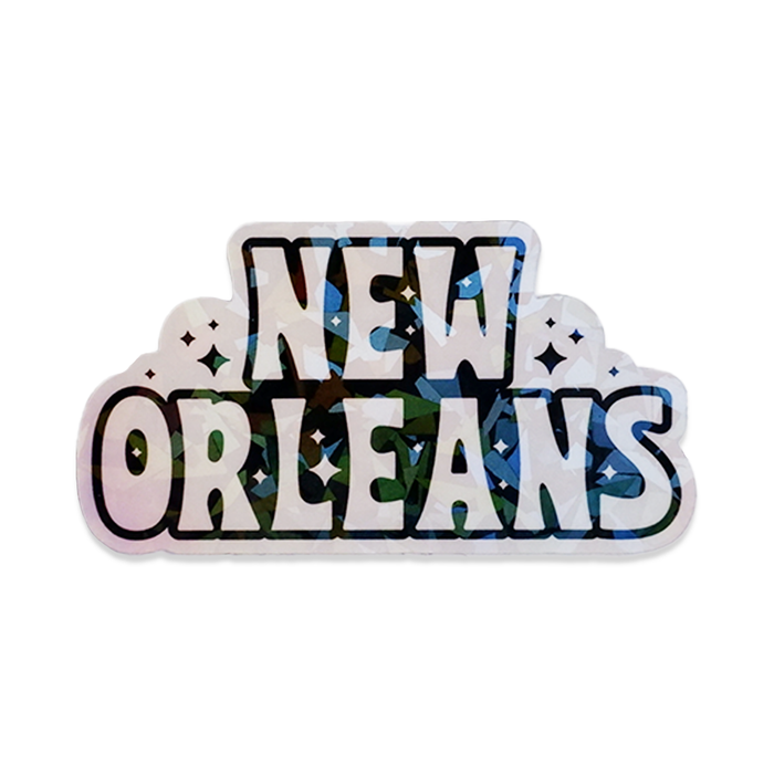 Holographic New Orleans sticker by BBall Y'all featuring vibrant cityscape and iconic New Orleans symbols on a shiny surface.
