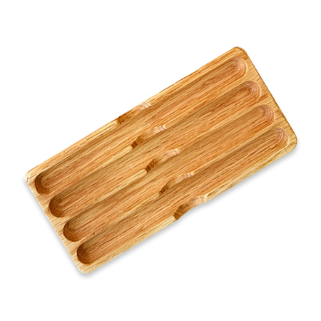 Eng Leather Co. wooden pen tray with a sleek oak finish, designed for organizing pens and small stationery items.