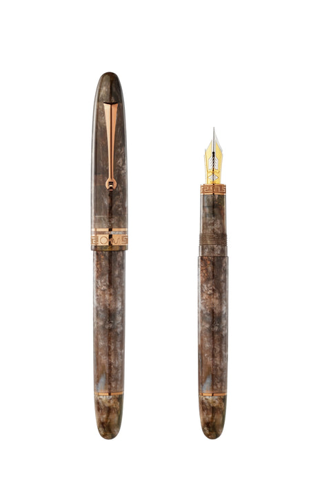 Omas Ogiva espresso martini limited edition fountain pen with sleek design and gold accents, displayed on a white background.