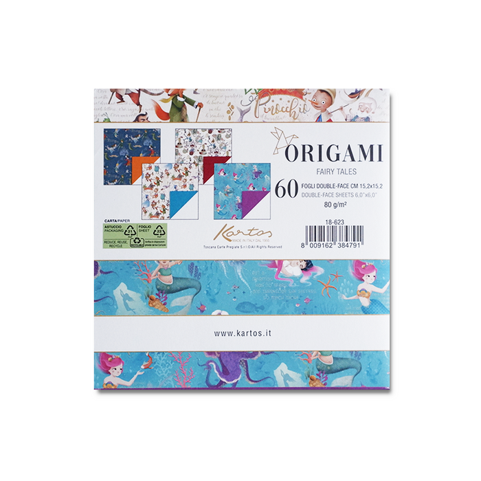 Kartos Origami Fairy Tales paper sheet with colorful fairy tale-themed designs for origami crafting.