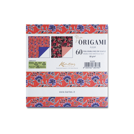 Kartos origami paper featuring a floral design, ideal for folding into origami flowers with vibrant colors and intricate patterns.