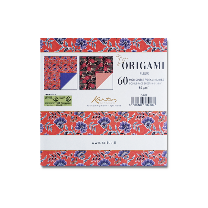 Kartos origami paper featuring a floral design, ideal for folding into origami flowers with vibrant colors and intricate patterns.