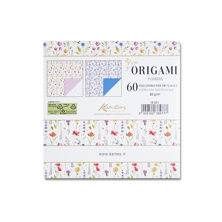 Kartos origami paper featuring colorful folded flower designs for creative craft projects and decorative origami flowers.