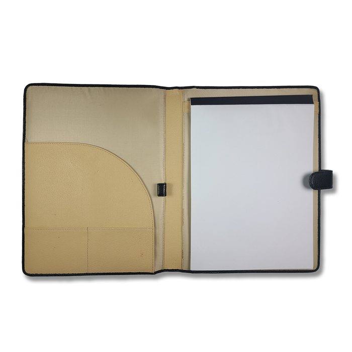 Black Orna 1042 folder with clasp closure, showing smooth surface and sturdy construction for document organization.