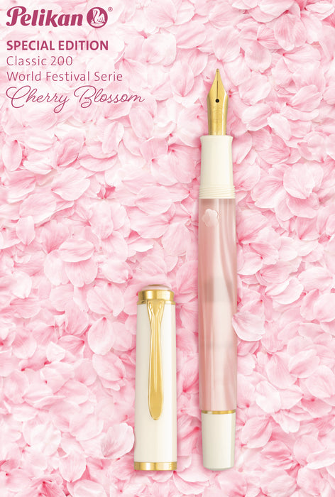 Pelikan M200 Cherry Blossom fountain pen with pink and gold accents, showcasing elegant design and fine craftsmanship.