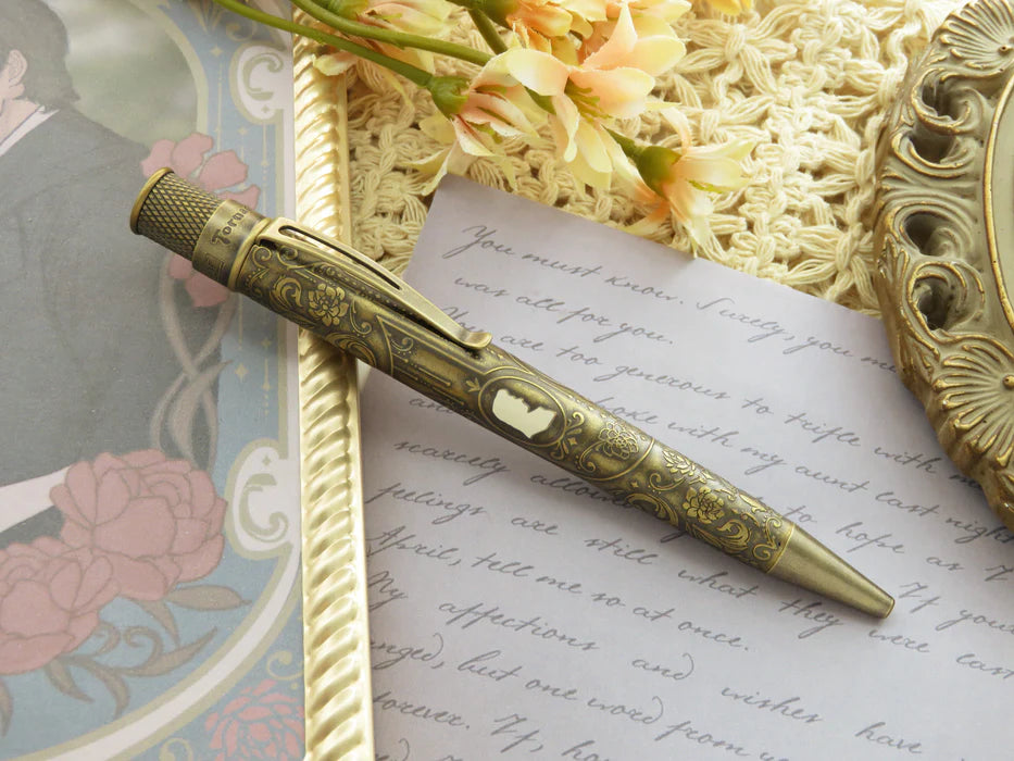 Retro 51 Tornado Rescue Pride and Prejudice rollerball pen with decorative design and metallic finish.