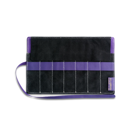 San Lorenzo leather pen roll in royal purple, featuring a sleek design for storing and organizing pens and writing accessories.