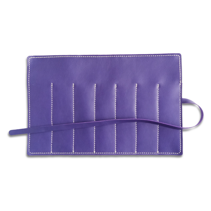 San Lorenzo leather pen case in royal purple with a sleek, compact design for storing pens and writing instruments.