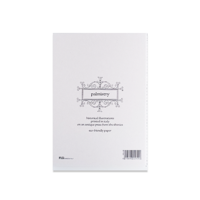 Rossi palmistry journal with soft cover, stitched binding, A5 size, featuring a detailed palmistry design on the cover.