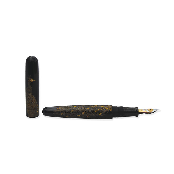 Cathay fountain pen with peacock chinkin design, featuring intricate detailing and a sleek, elegant body for writing and collectibility.
