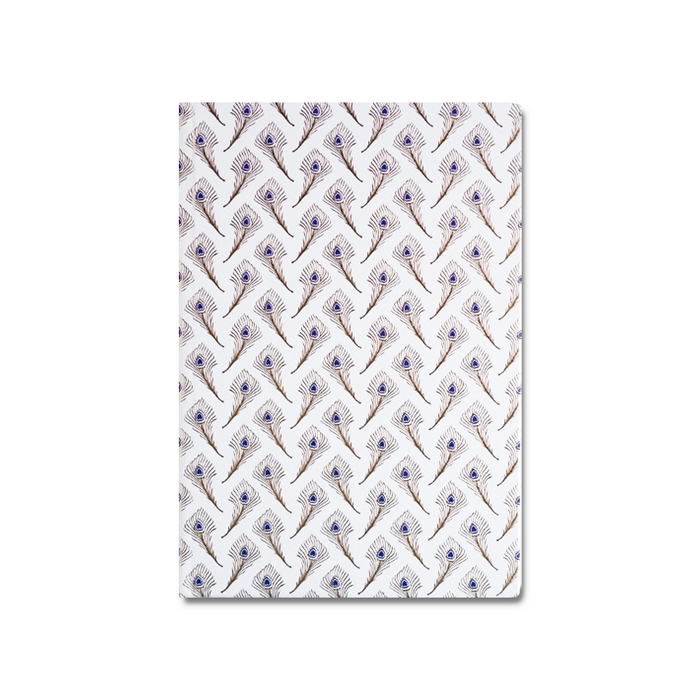 Rossi feather journal with peacock feather cover design, featuring a textured surface and elegant craftsmanship for writing and note-taking.