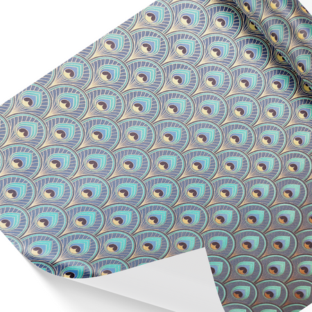 Kartos peacock wrapping paper featuring a vibrant peacock feather pattern on a light background.
