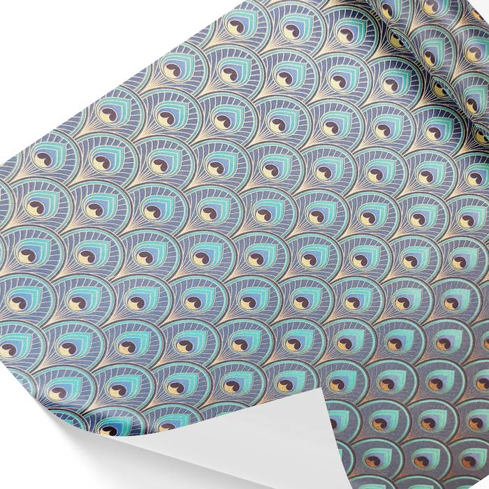 Kartos peacock wrapping paper featuring a vibrant peacock feather pattern on a light background.