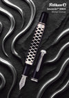 Pelikan Souverän M805 fountain pen with a sleek metal sleeve, featuring a black body and gold accents.
