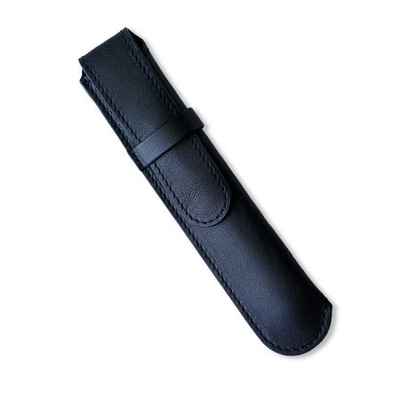 Black leather pen case by Eng Leather Co. with a single slot, designed to hold and protect a single writing instrument.