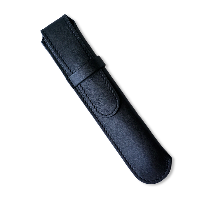 Black leather pen case by Eng Leather Co. with a single slot, designed to hold and protect a single writing instrument.