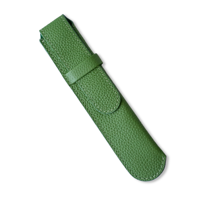 Green leather pen case by Eng Leather Co. with a single slot, designed to hold and protect a single writing pen.