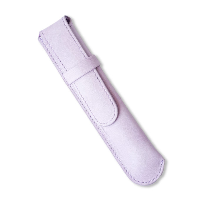 Purple leather pen case by Eng Leather Co. with a single slot, sleek and compact for holding a single writing pen.
