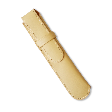 Yellow leather pen case with single slot by Eng Leather Co., showcasing a sleek, compact design for stylish writing accessories.