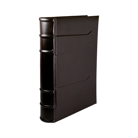 Dark leather photo album by Il Cartiglio, featuring a classic cover with elegant stitching and lined interior pages for photos.