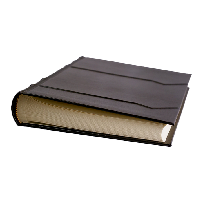 Dark leather photo album by Il Cartiglio, showcasing a sleek cover and elegant binding for preserving cherished photos.