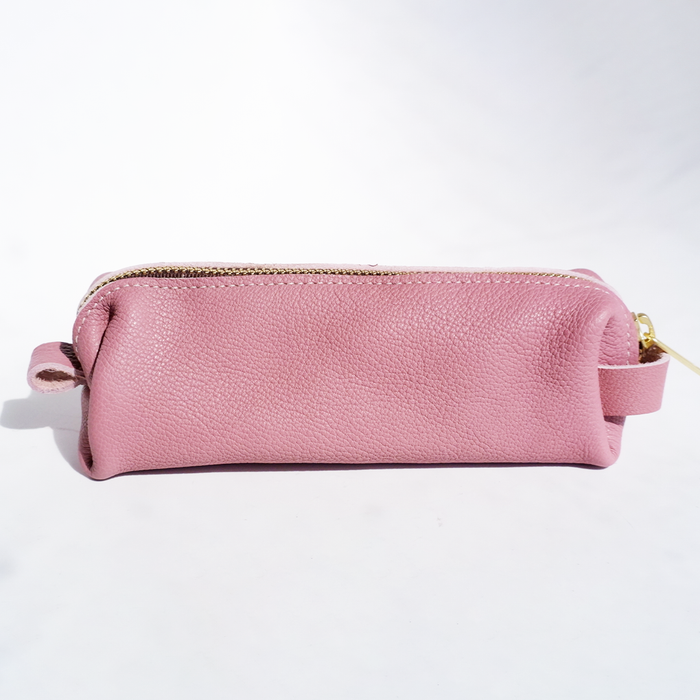 Pink San Lorenzo pen case with zipper closure, showcasing a soft fabric exterior and organized interior for stationery storage.