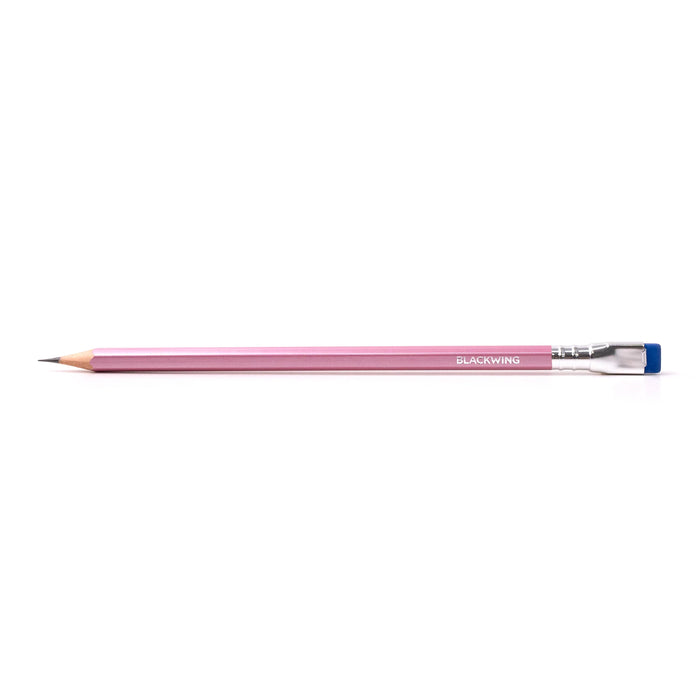 Blackwing Pearl Pink pencils arranged horizontally, showcasing their sleek black and pink design and high-quality graphite tips.